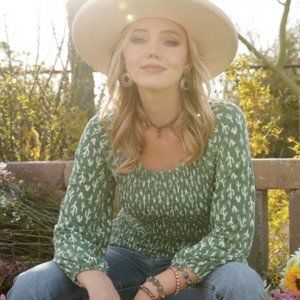CRUEL GIRL Ladies Green Cactus Print Smocked Top - Small